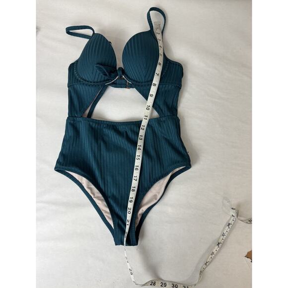Shade & Shore One Piece Swimsuit Cutout Push Up Padded Ribbed Tie-Front Teal 32A - Picture 4 of 8
